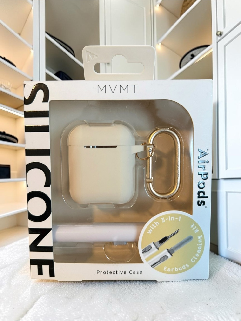 MVMT Cream AirPods Protective Case with Gold Carabiner